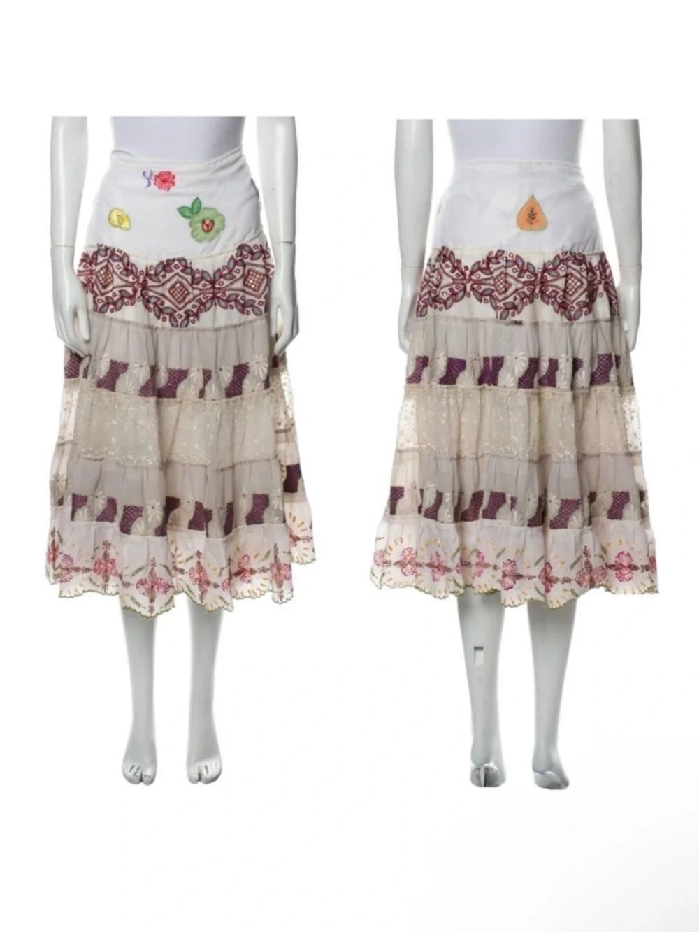 NWT JULIET DUNN Floral Embroidered Beaded Tiered Ruffle Boho Midi Skirt